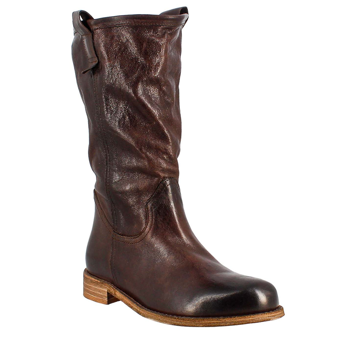 Women's calf-high boot in dark brown vintage leather, unlined