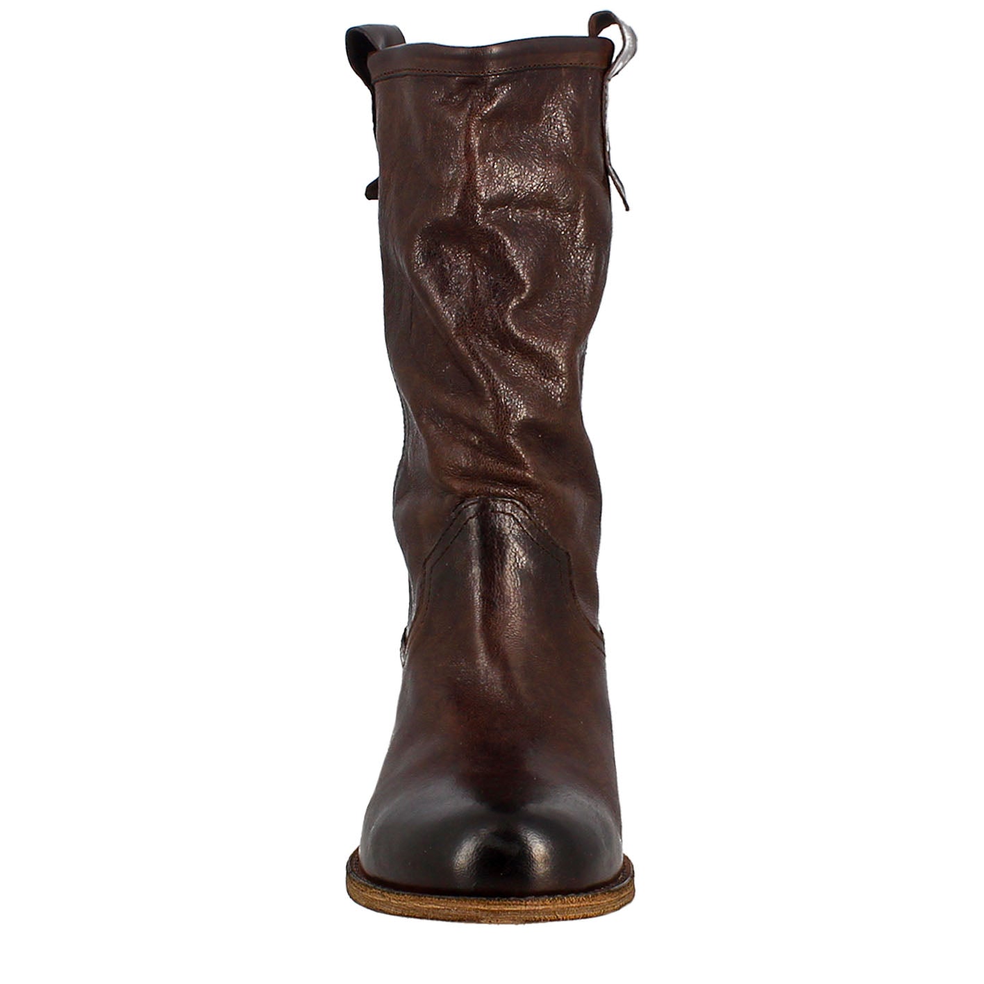 Women's calf-high boot in dark brown vintage leather, unlined