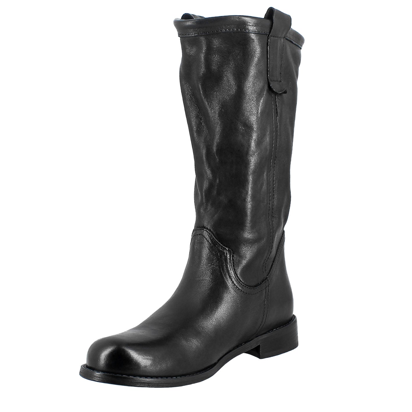 Women's calf-high boot in vintage black leather, unlined