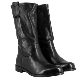 Women's calf-high boot in vintage black leather, unlined