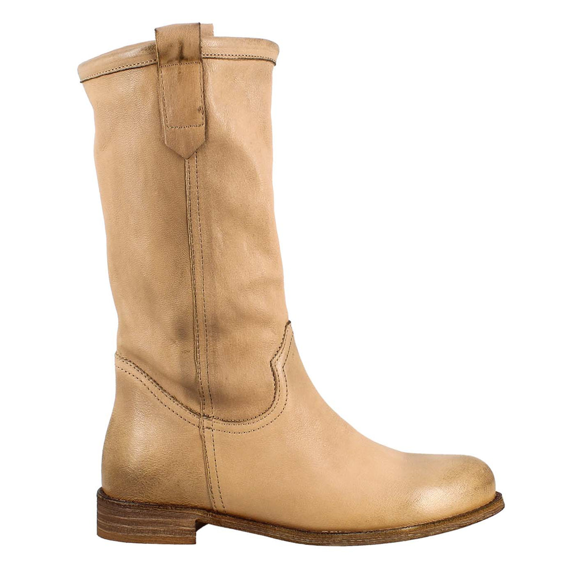 Women's calf-high boot in vintage beige leather, unlined