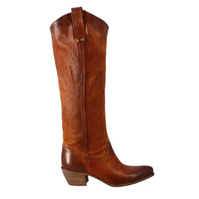 Women's handmade Texan high boots in tan leather with zip