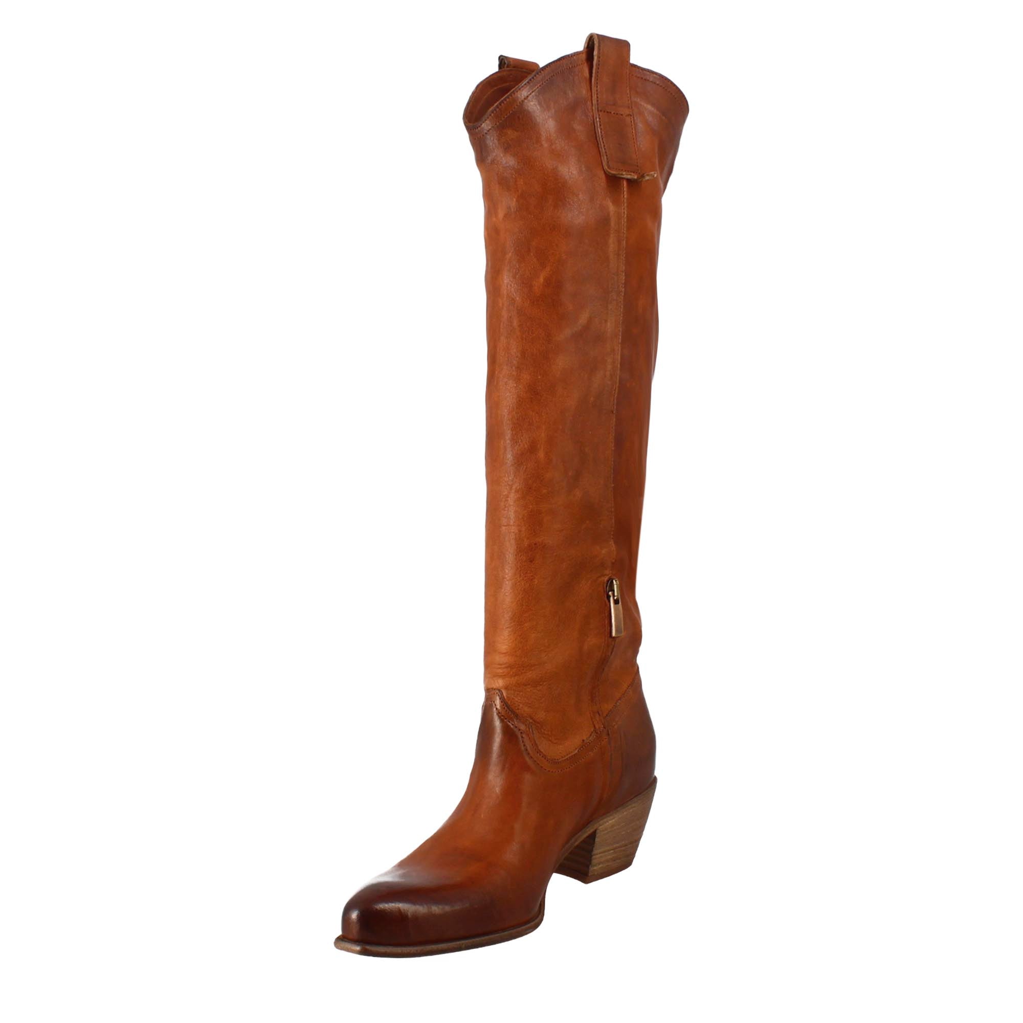Women's handmade Texan high boots in tan leather with zip
