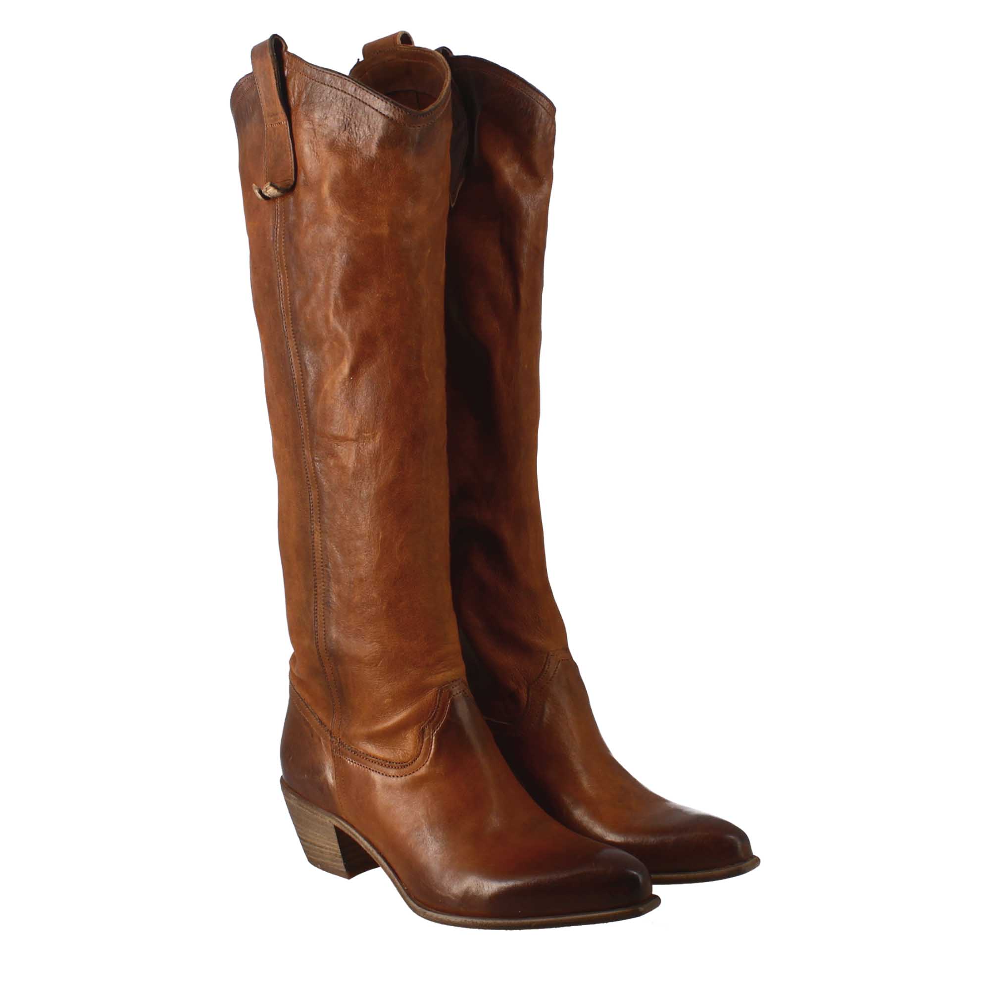 Women's handmade Texan high boots in tan leather with zip