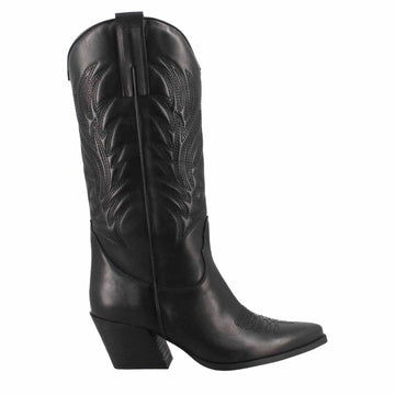 Stivale texano da donna in pelle nera con ricamo - LeonardoShoes