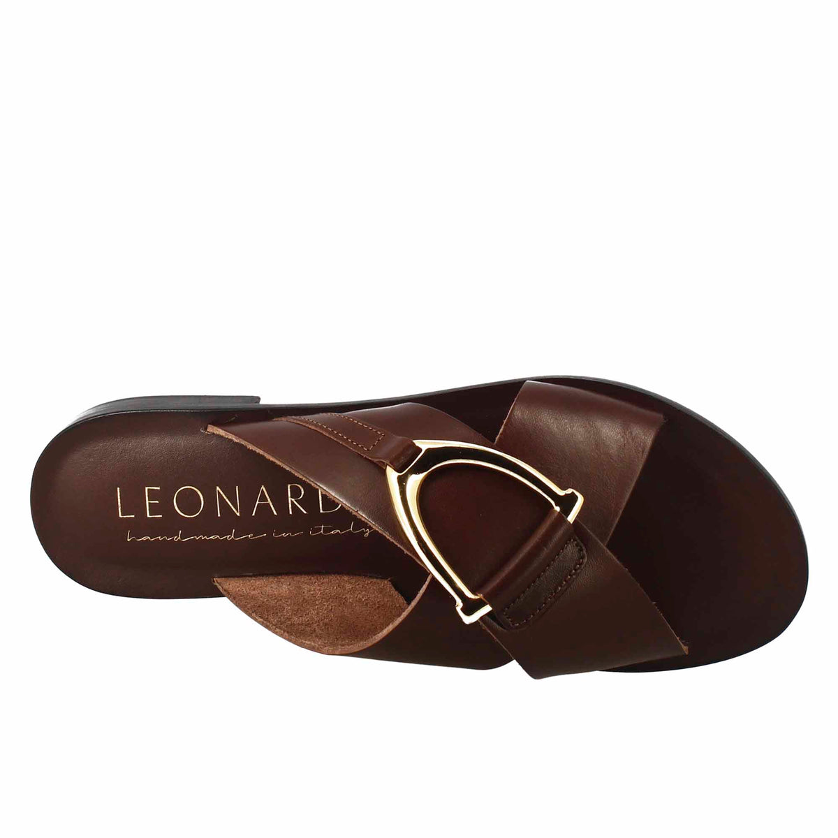 Women's handmade flat slipper sandals in tan leather with golden buckle