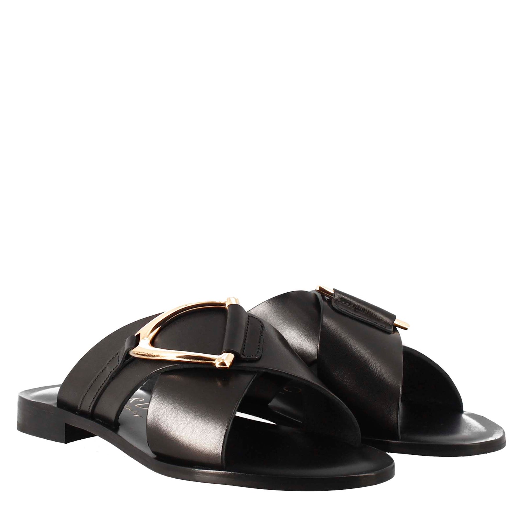 Women's handmade slipper sandals in black leather with golden buckle